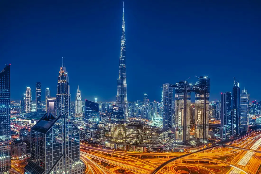 Downtown Dubai skyline at night