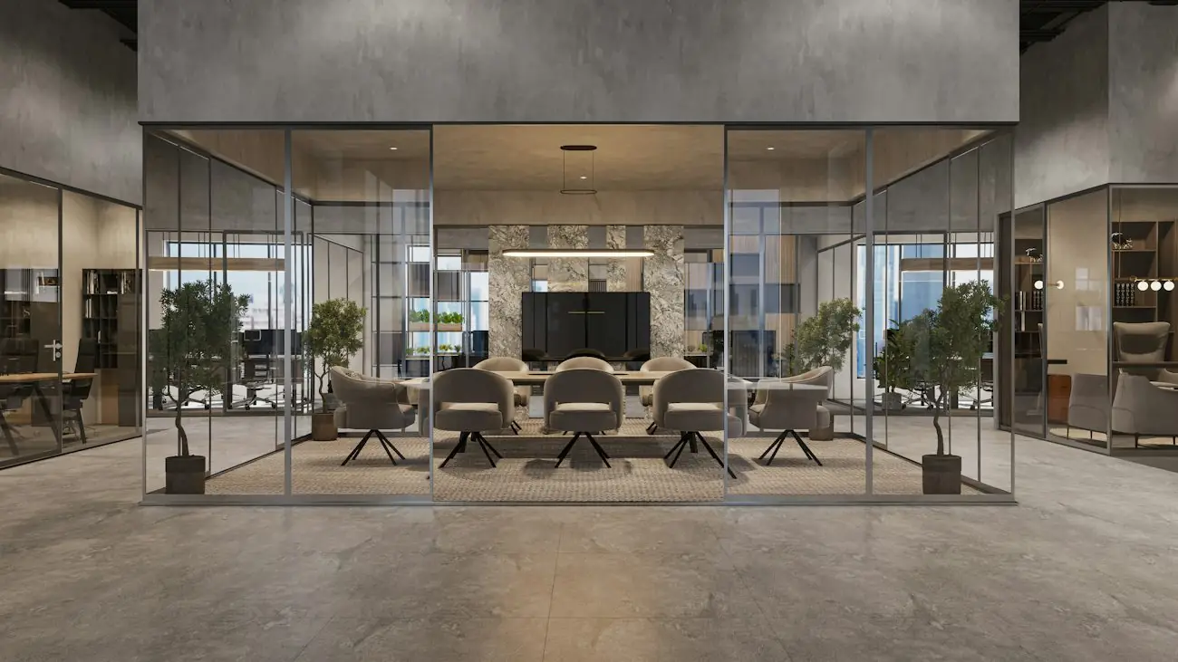 A glass-walled meeting room in a modern office