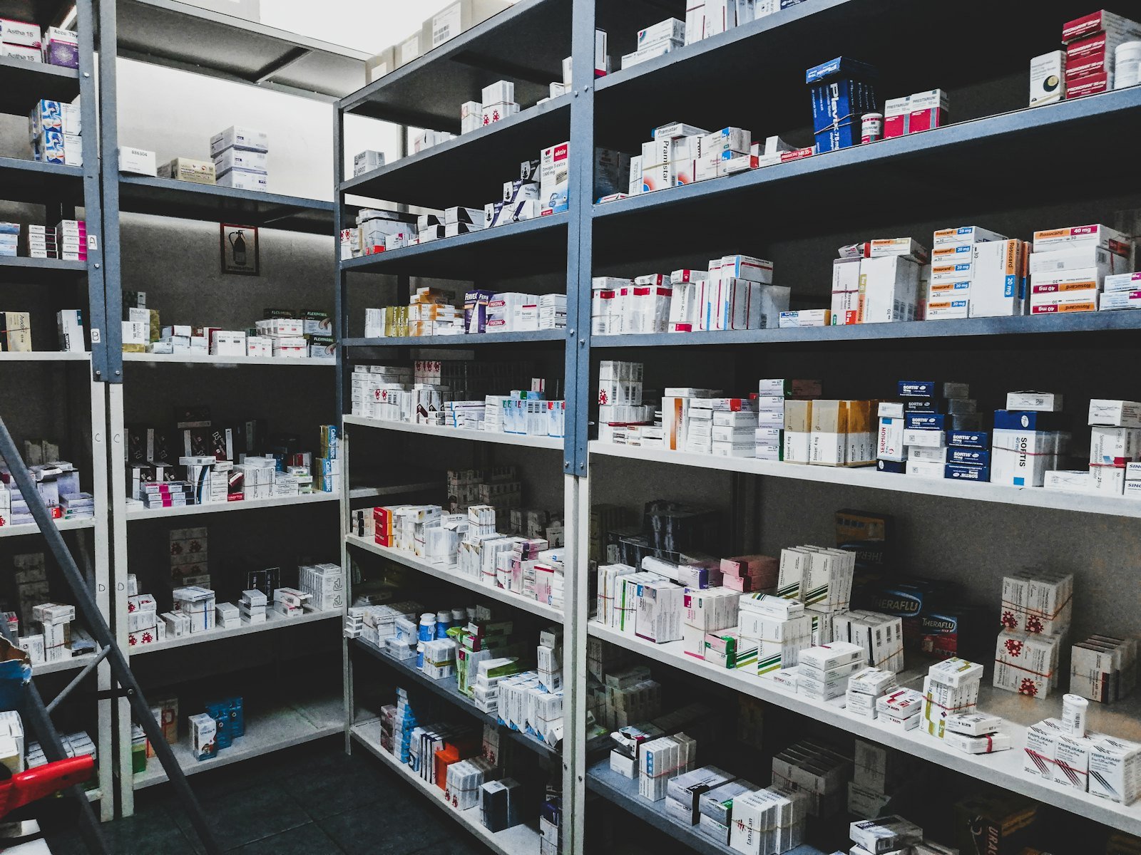 Laboratory shelves with glassware
